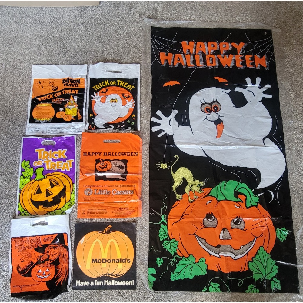 Vtg 80s Halloween Trick or treat Lot McDonald's Little Caesars Bags Banner Sign